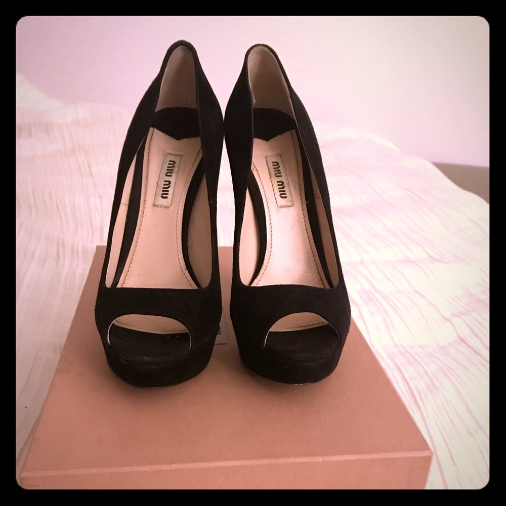 Miu Miu Suede Peep Toe Black Glitter Heels